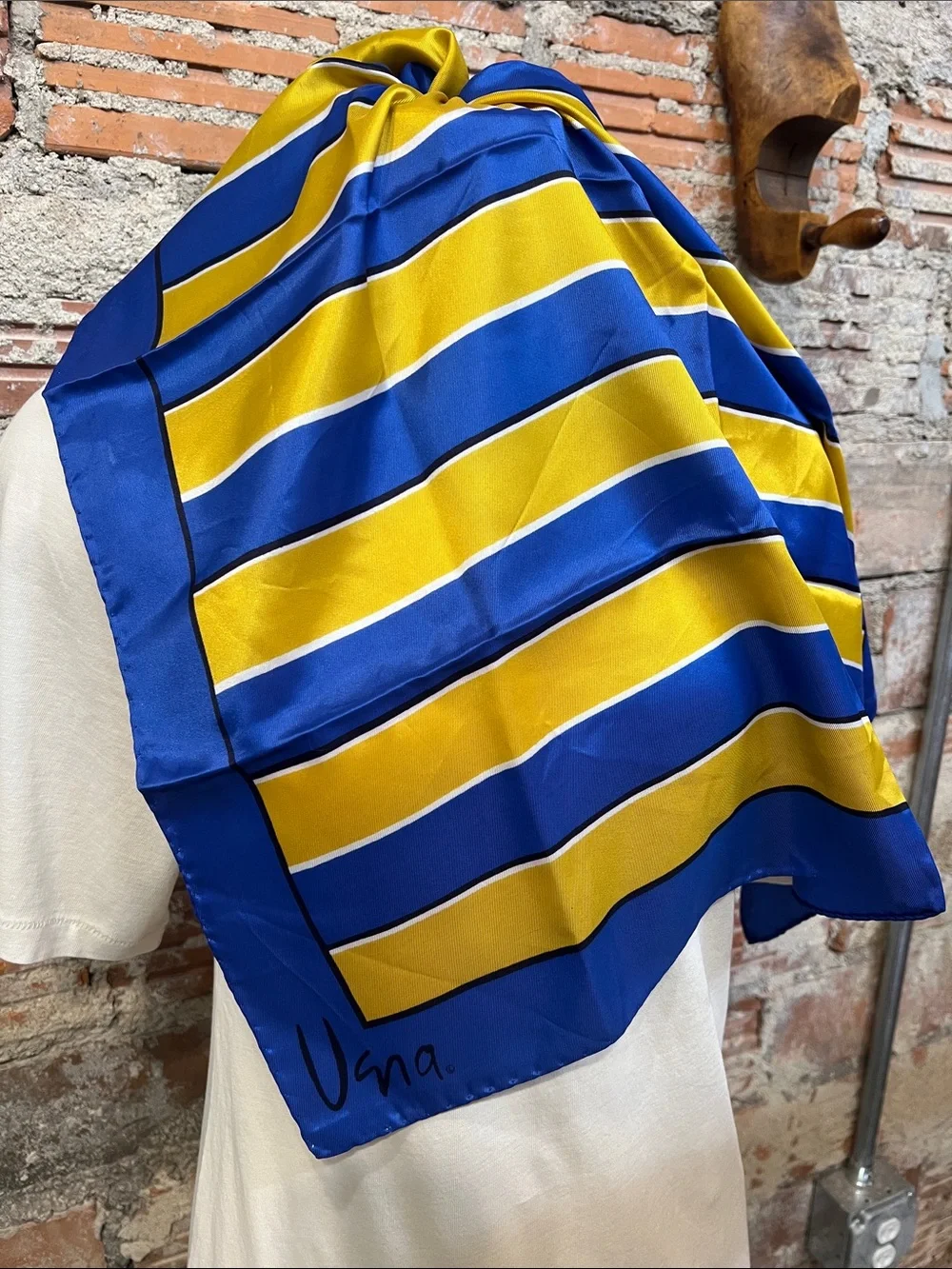 Vintage Vera Neumann blue / gold scarf 100% acetate made in Italy large logo